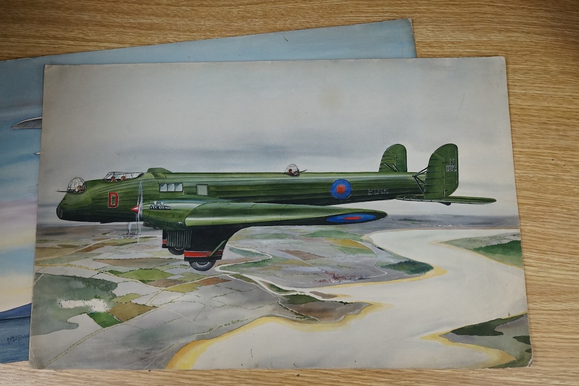 A F D Bannister, set of four original watercolours for postcard designs, 1930's RAF aircraft to include Hawker Hart fighters, Fairey Hendon Bomber and Super Marine Scapa Flying Boat, two signed and dated 1935, 30 x 46cm,